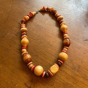 Vintage Wooden Beaded Necklace Red Accent Boho Statement Natural Wood Jewelry